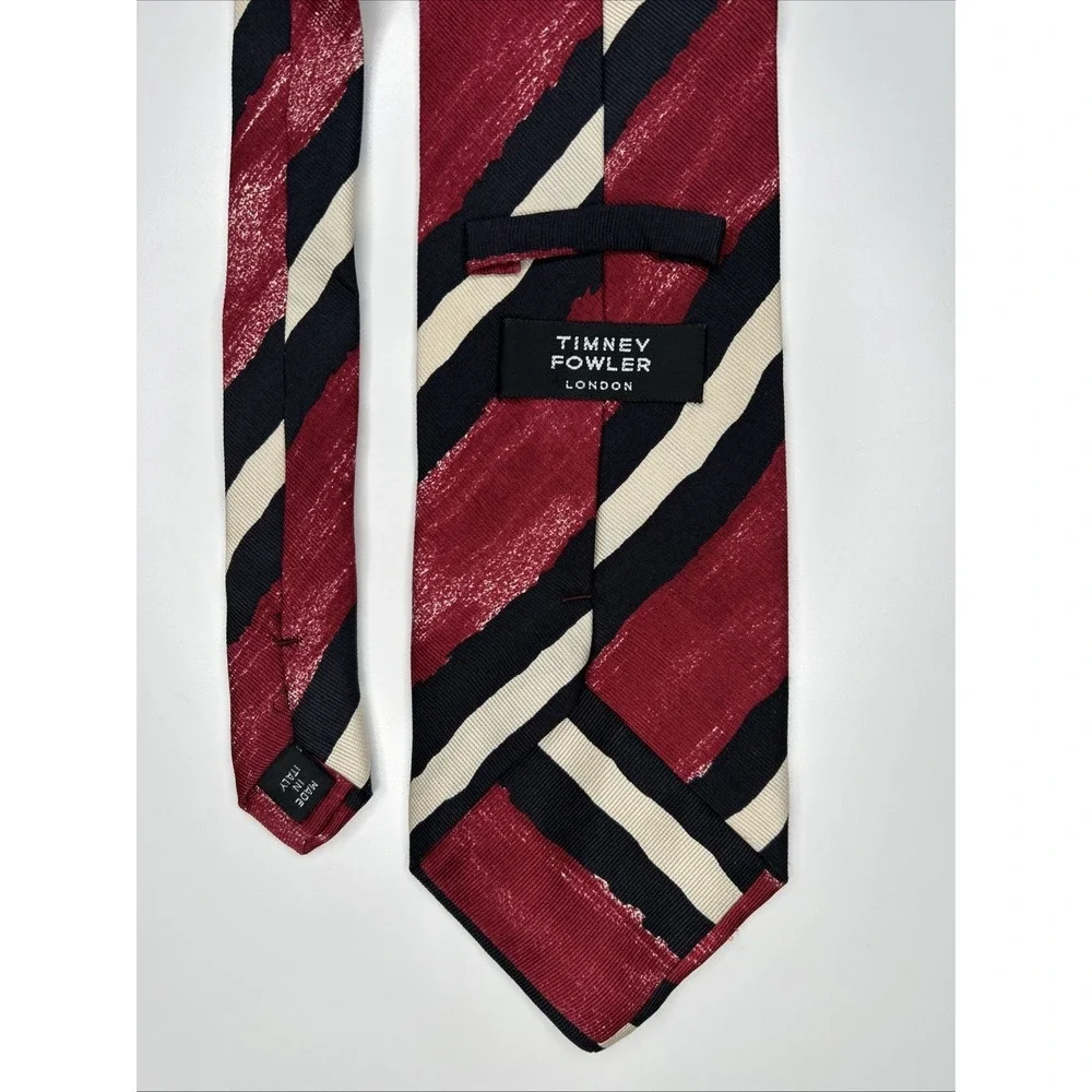 Timney Fowler Men's Silk Tie Red Black Ivory Stripes Made In Italy 4 Inches Wide